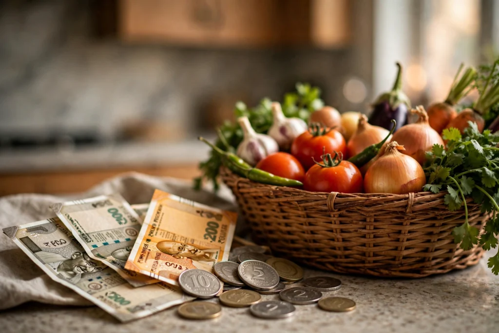 Rupee notes and coins next to a vegetable basket illustrating rising food inflation