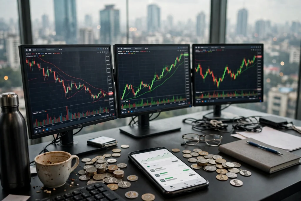 Representational image of a currency trading desk monitoring exchange rates (AI-generated).