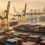 Container shipping port at dawn with cranes and colorful containers