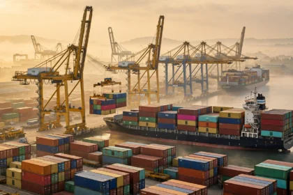 Container shipping port at dawn with cranes and colorful containers