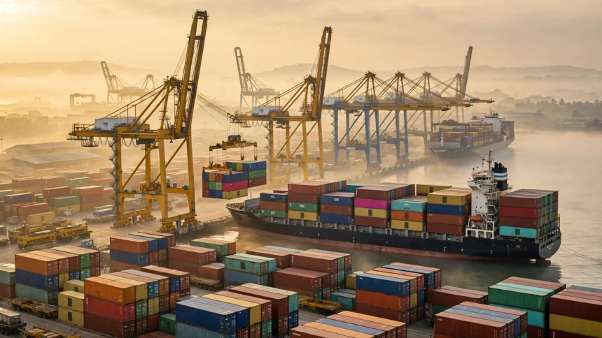 Container shipping port at dawn with cranes and colorful containers