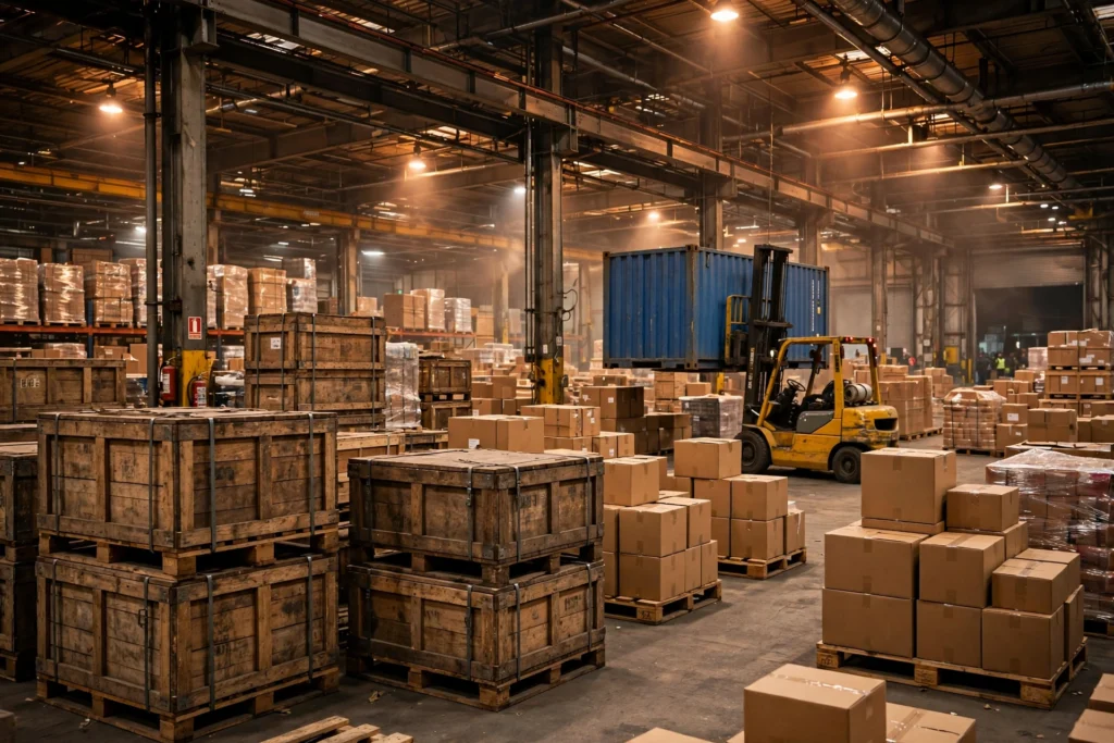 Export cargo warehouse with wooden crates, cartons and a forklift
