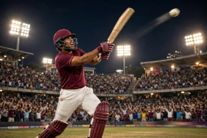Shai Hope launches a six during West Indies' record 250-run chase against India in the second T20I