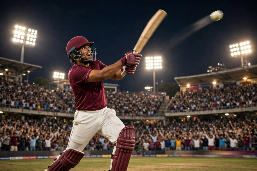 Shai Hope launches a six during West Indies' record 250-run chase against India in the second T20I