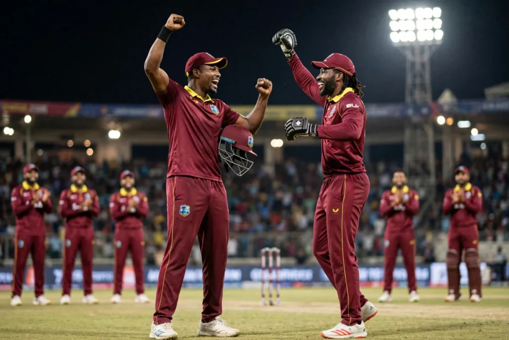 West Indies batters celebrate during their record T20I run chase against India