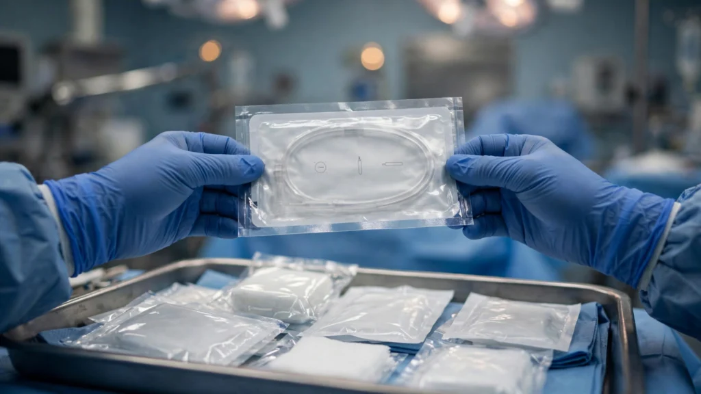 Sealed sterile single-use medical devices laid out on a hospital tray.