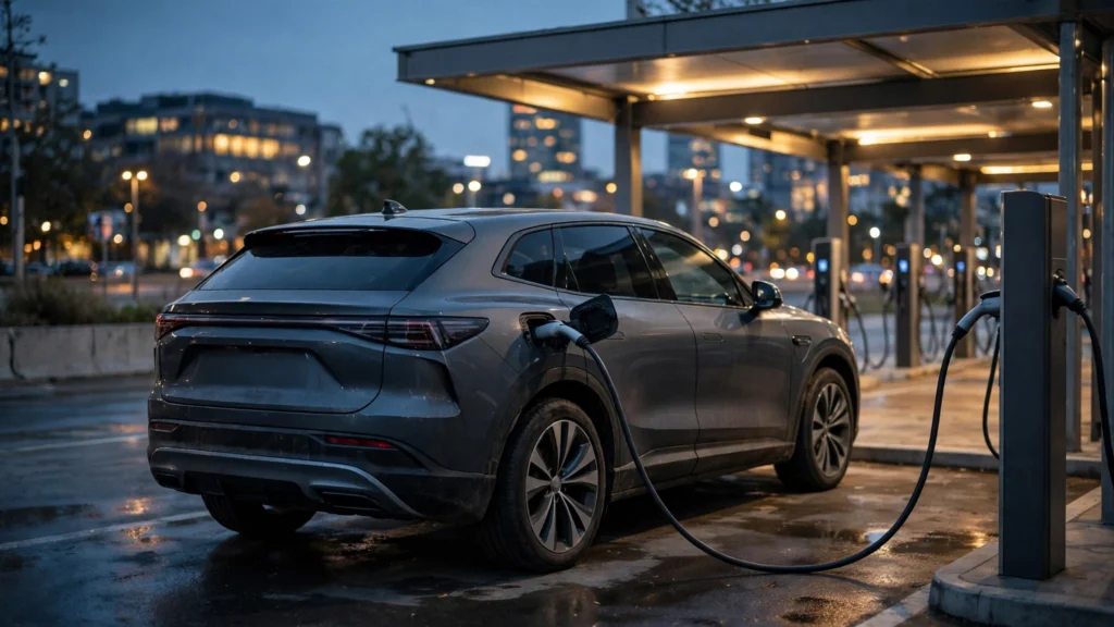 Electric SUV charging at a fast-charging station at dusk
