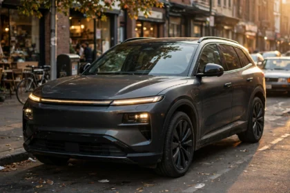 Large electric SUV in city at golden hour