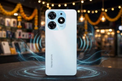 TECNO Spark 50s 5G smartphone in an Indian electronics store