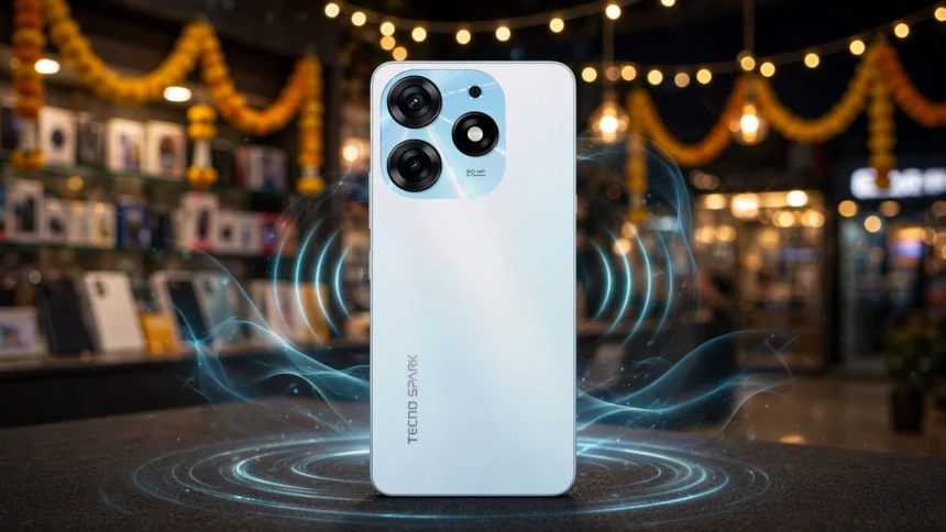 TECNO Spark 50s 5G smartphone in an Indian electronics store
