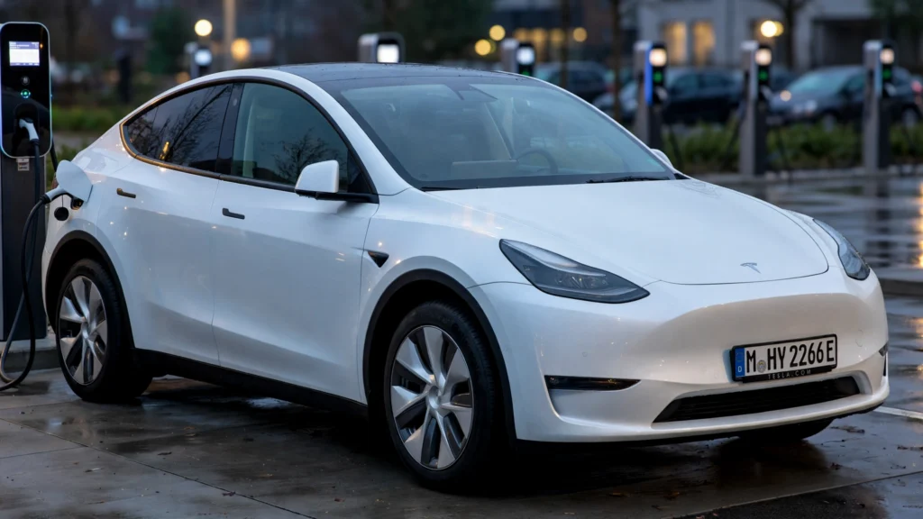 A Tesla Model Y charging at an EV charging station (AI image grounded in a real Model Y photo)