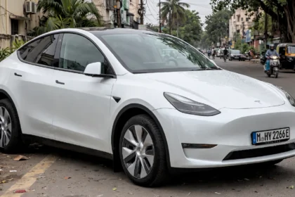 Tesla Model Y on an Indian city street (AI image grounded in a real Model Y photo)