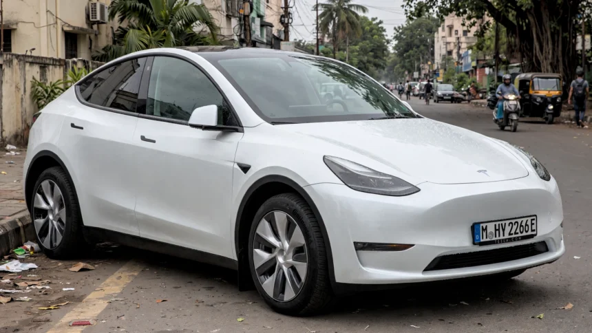 Tesla Model Y on an Indian city street (AI image grounded in a real Model Y photo)