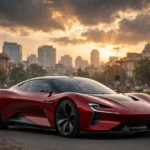 Red futuristic electric sports car representative of the new Tesla Roadster in India (AI-generated representative visual)
