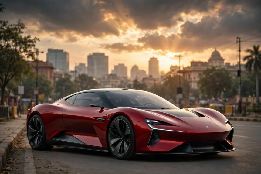 Red futuristic electric sports car representative of the new Tesla Roadster in India (AI-generated representative visual)