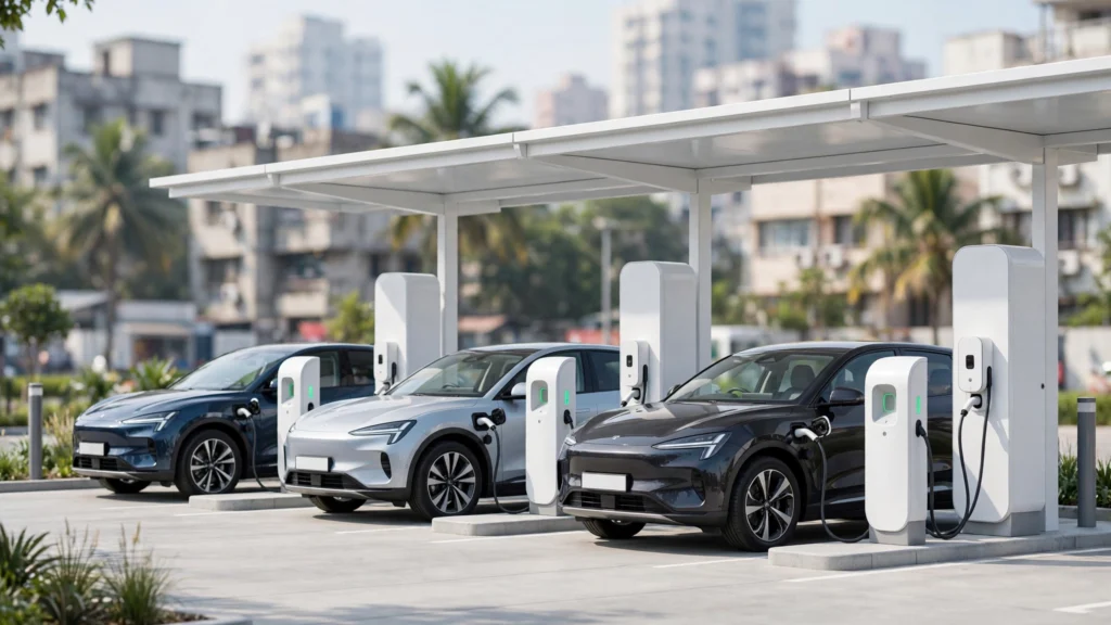 Electric SUVs charging at fast-charging stalls in India (AI-generated representative visual)