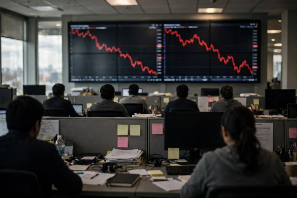 Traders watch falling market charts on a trading floor.
