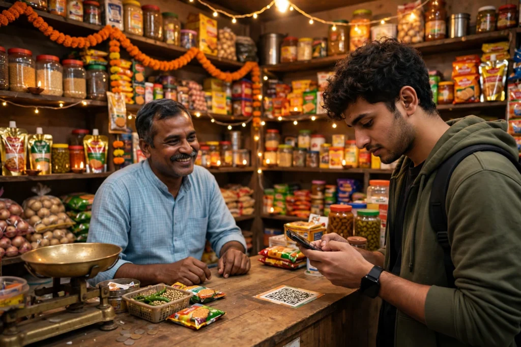 Kirana shop owner displaying a UPI QR code for digital payments