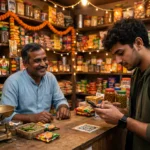 Kirana shop owner displaying a UPI QR code for digital payments