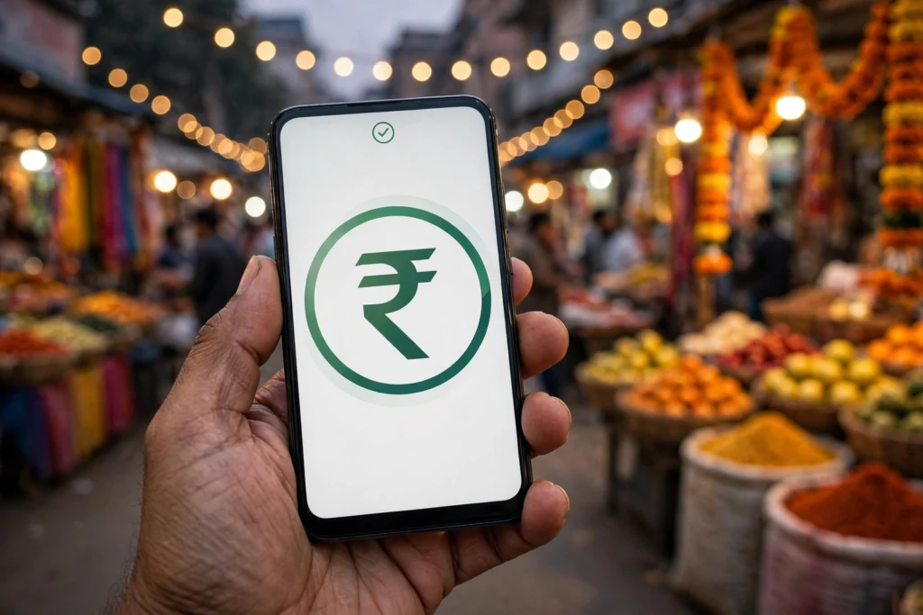 Smartphone showing rupee symbol for UPI digital payments