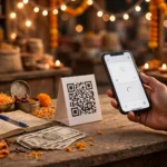Indian shop counter with UPI QR standee and festive lights