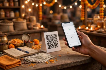 Indian shop counter with UPI QR standee and festive lights