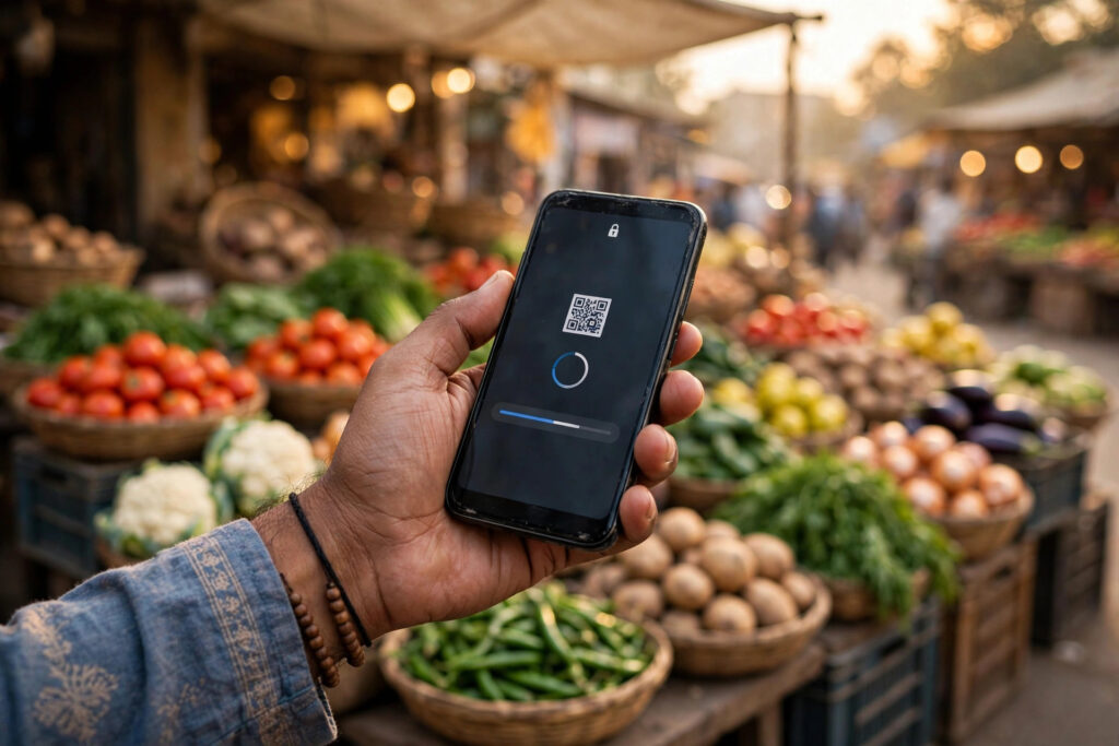 Man paying with smartphone at a busy market stall
