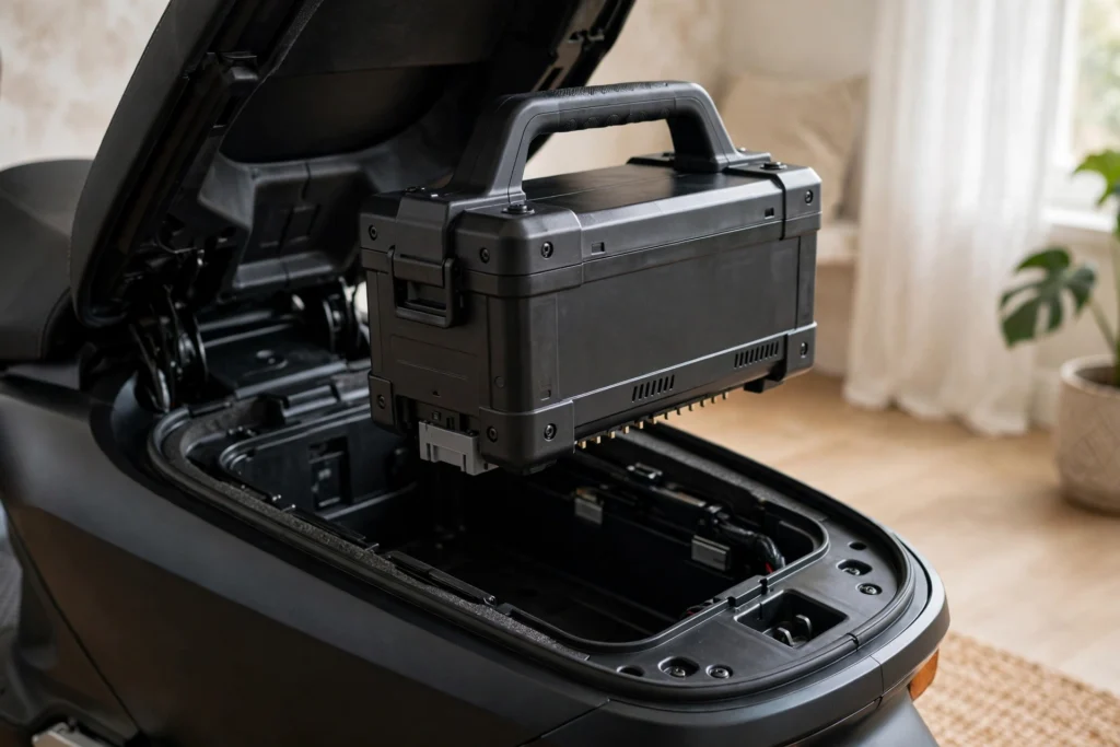 VLF Strada electric scooter removable battery being lifted from under-seat storage