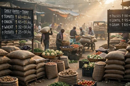 Wholesale market with rising price boards