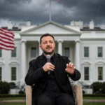Volodymyr Zelenskyy with the White House and US and Ukrainian flags in the background, symbolising the US-Ukraine diplomatic rift