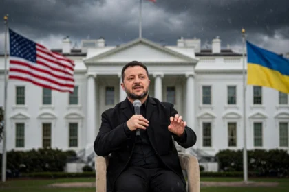 Volodymyr Zelenskyy with the White House and US and Ukrainian flags in the background, symbolising the US-Ukraine diplomatic rift