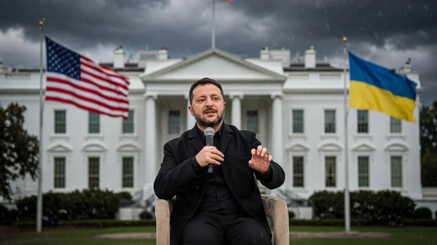 Volodymyr Zelenskyy with the White House and US and Ukrainian flags in the background, symbolising the US-Ukraine diplomatic rift