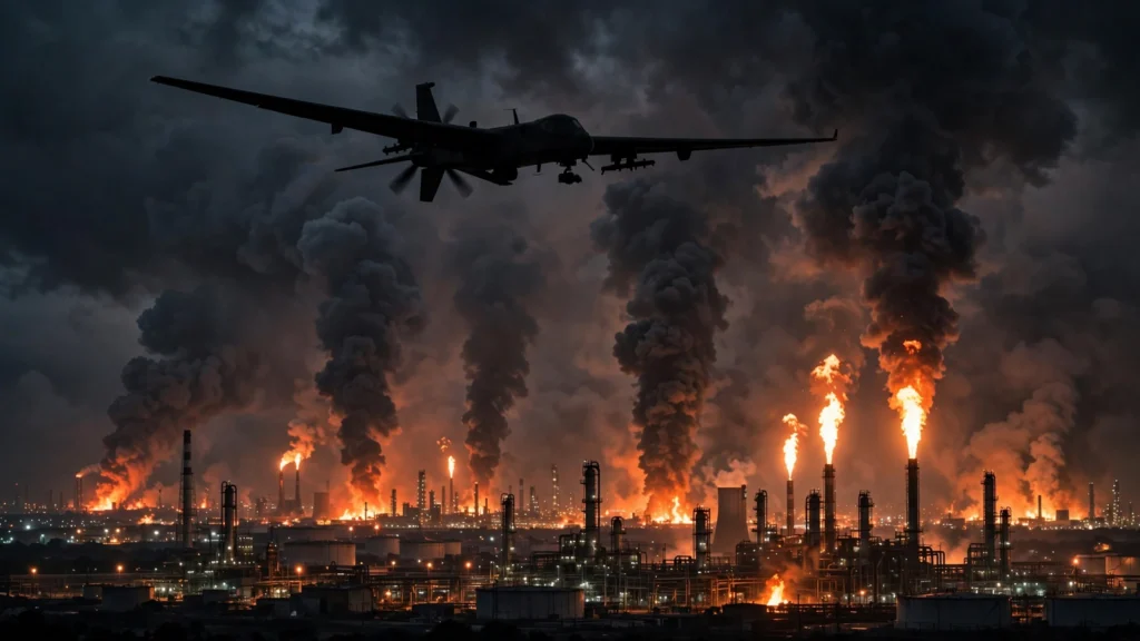 Long-range drone silhouetted over a burning oil refinery at night