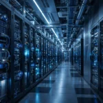 Data center server room with blue-lit server racks