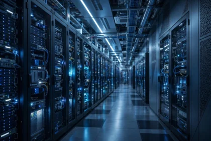 Data center server room with blue-lit server racks