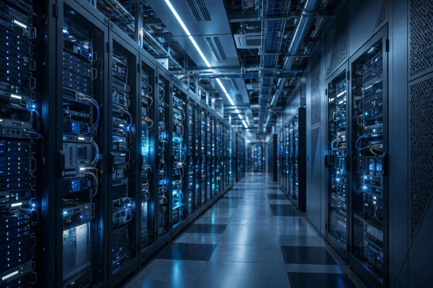 Data center server room with blue-lit server racks