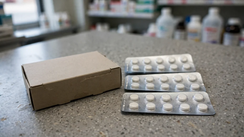 Blister packs of tablets on a pharmacy counter