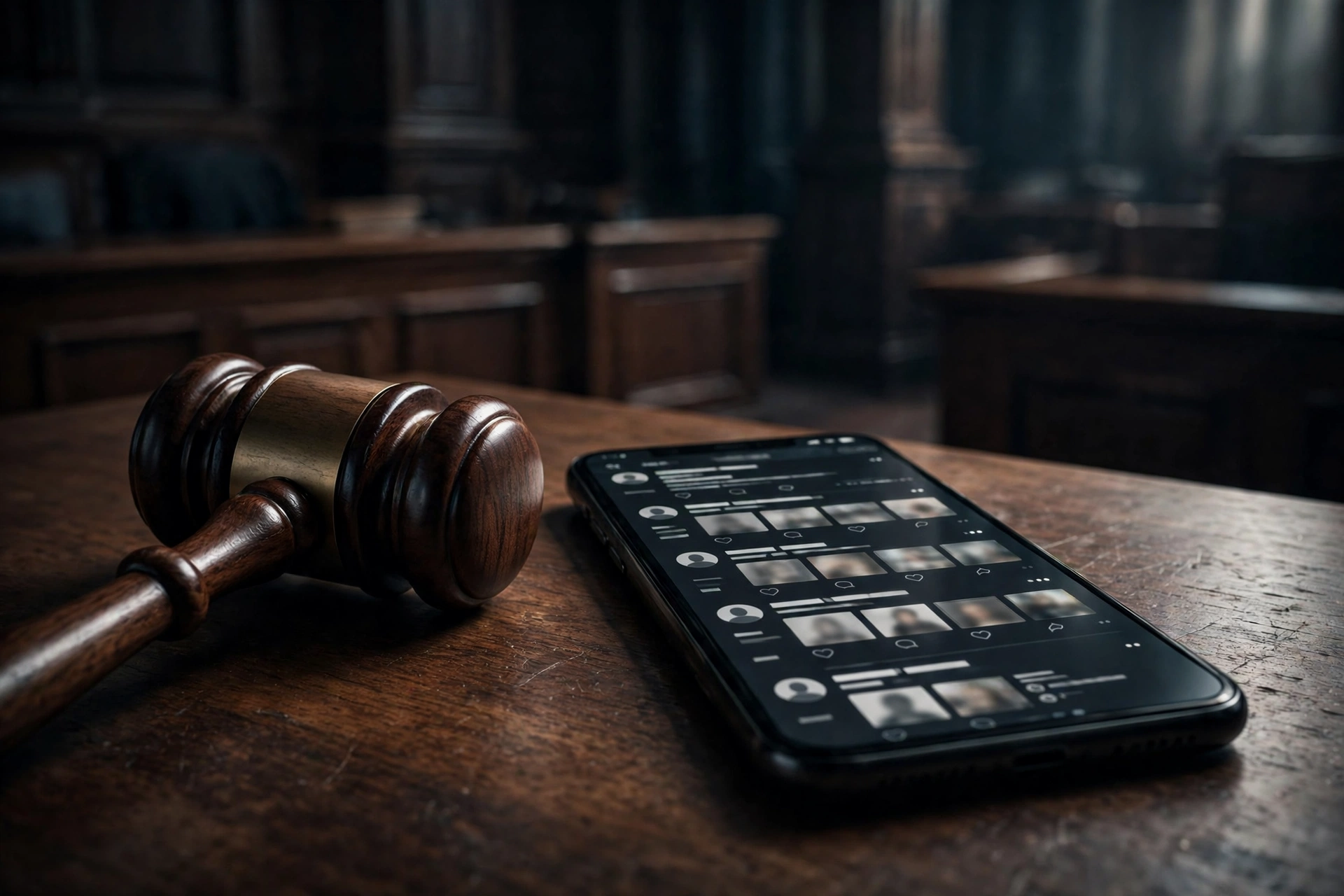 A judge's gavel beside a smartphone showing a social media feed, in a courtroom