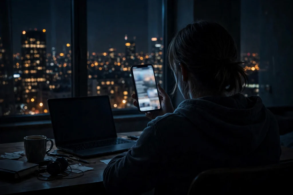 Silhouette of a person reading news on a smartphone in a dark room, representing AI scraping of online news content