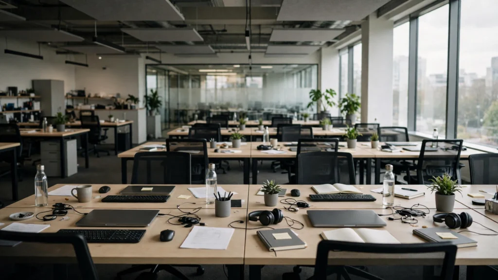 A modern office interior with empty desks and laptops, photographed in natural daylight.
