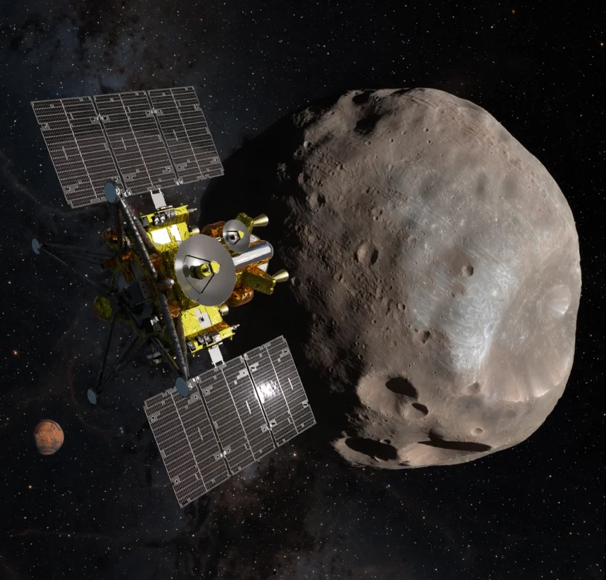 JAXA's MMX spacecraft approaching Mars' moon Phobos (illustration)