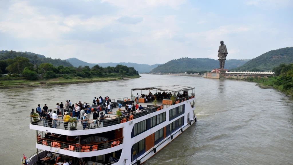 Ekta Cruise on the Narmada with the Statue of Unity in the background