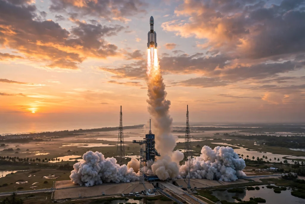 AI-generated illustration of a rocket lifting off at Sriharikota, the spaceport PM Modi referenced in his NDTV World Summit speech.