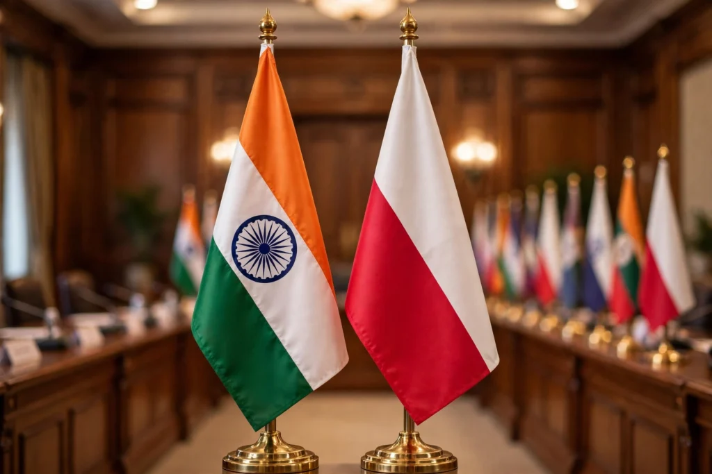 Flags of India and Poland at a summit meeting room