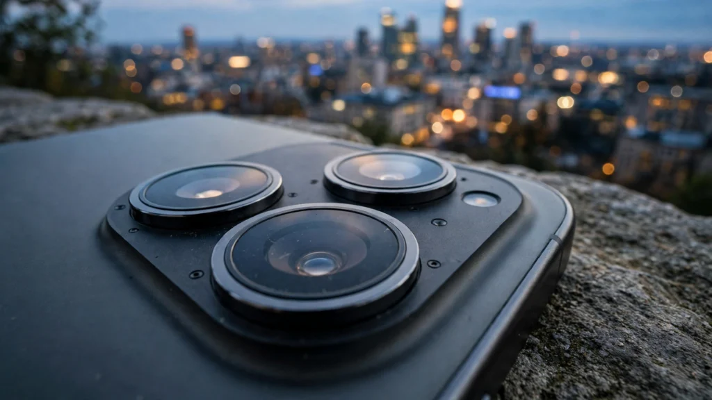 Close-up of a smartphone rear camera module against a city skyline at dusk, illustrative image