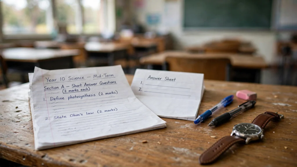 Students writing board examinations in an MP Board school exam hall.