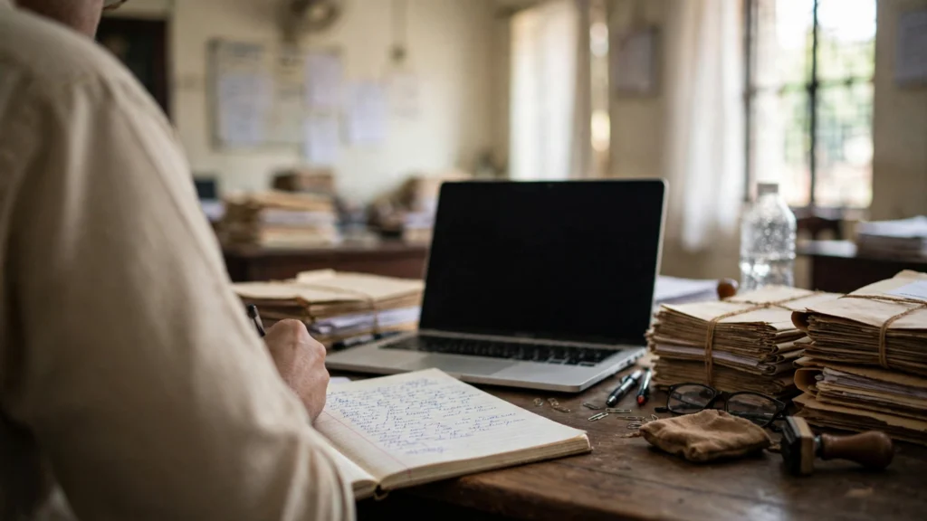 A stenographer at work in a court office