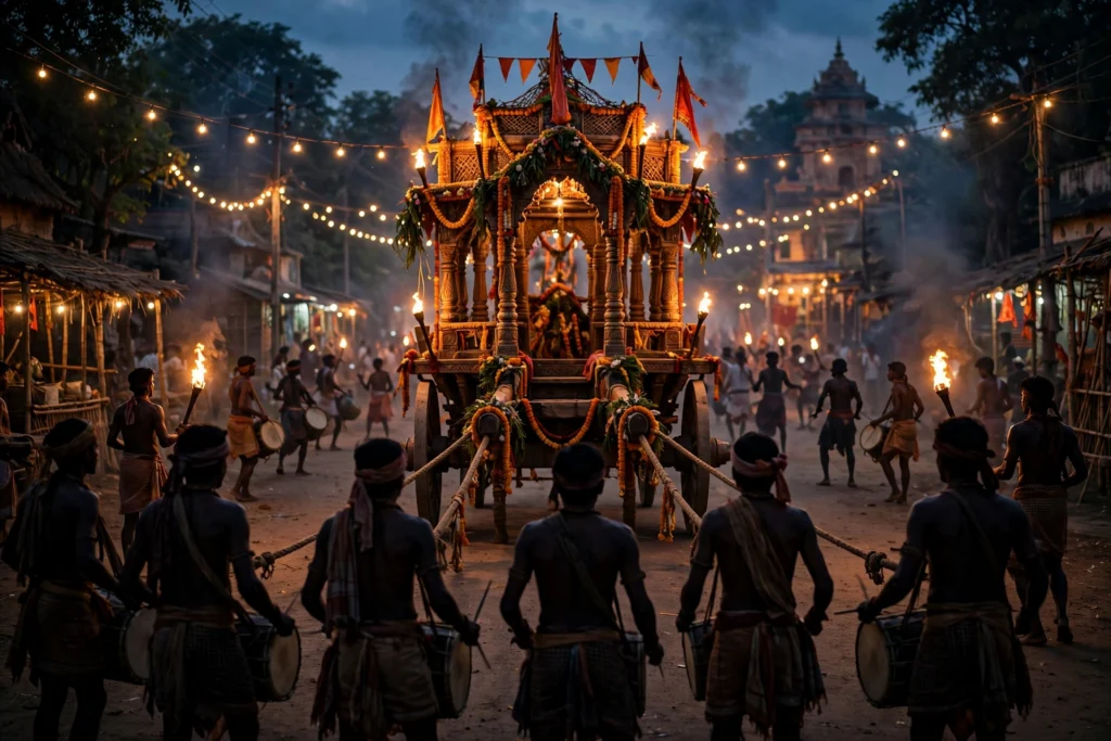 Illustration: Bastar Dussehra tribal festival procession at dusk (AI-generated image)