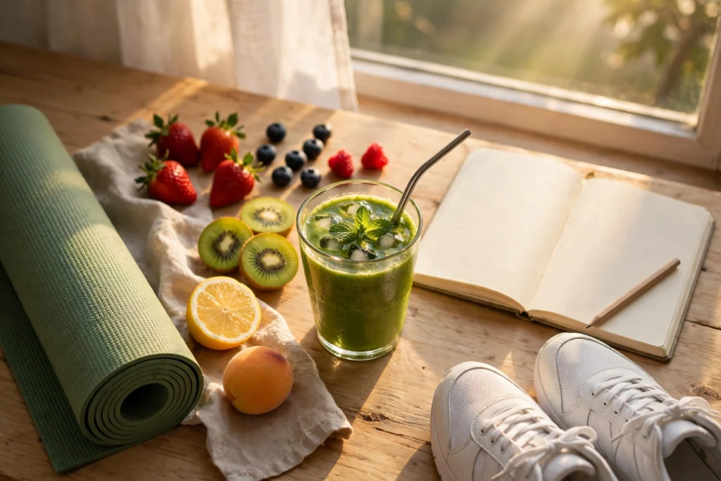 Morning wellness routine with green smoothie, fruits, yoga mat and journal by a sunny window