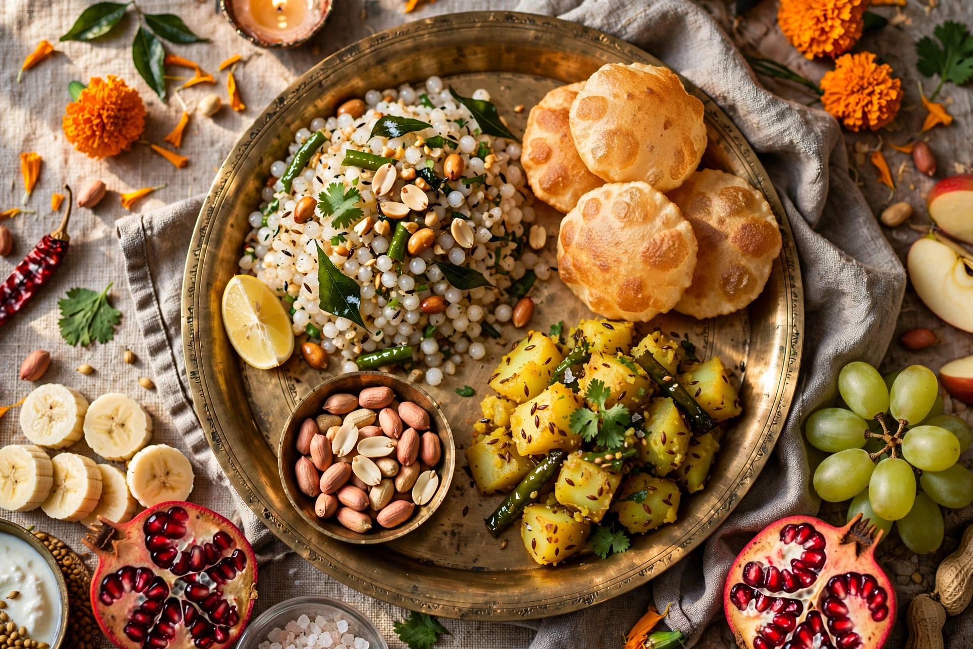 Navratri vrat fasting food thali with sabudana khichdi, fruits and kuttu puri